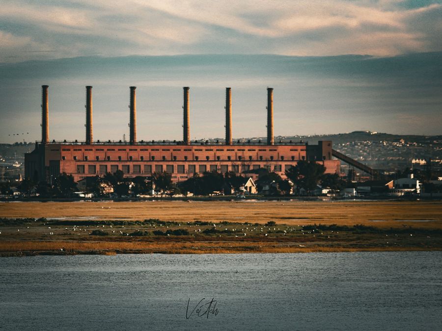 Swartkops Power Station with six tall chimneys, Gqeberha, South Africa